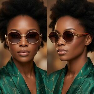 Women Round Sunglasses Gold Frame Brown Gradient Lens Wood Arms Shades Hip Hop